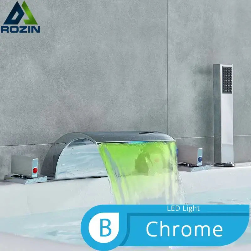 Matte black waterfall led bathtub faucet set with handheld shower bathroom