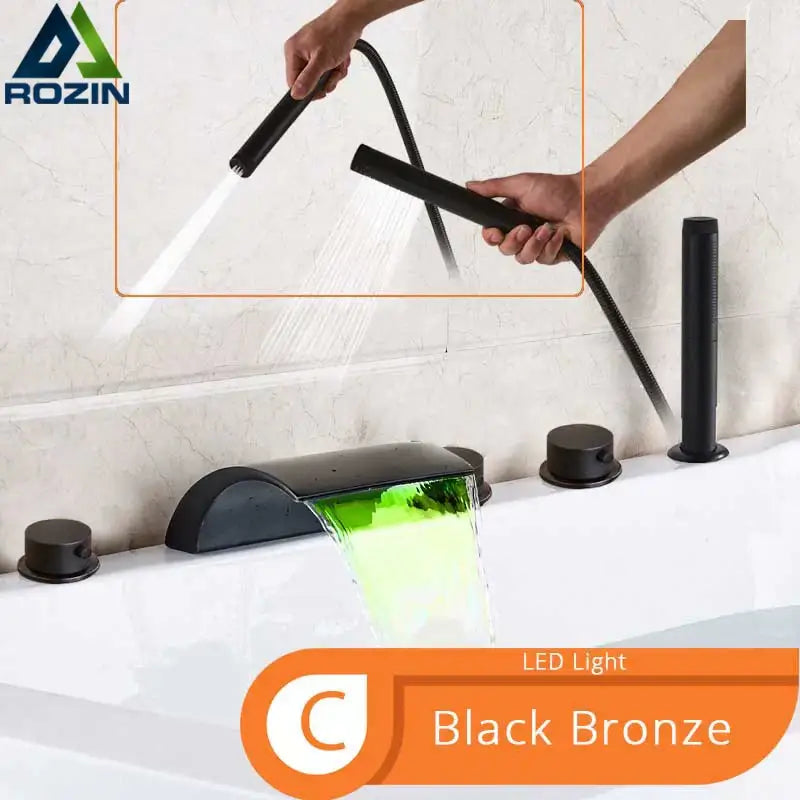 Matte black waterfall led bathtub faucet set with handheld shower bathroom