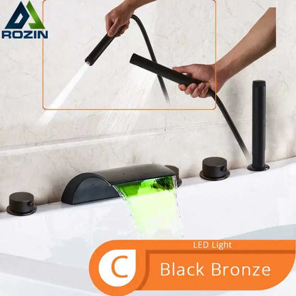 Matte black waterfall led bathtub faucet set with handheld shower bathroom