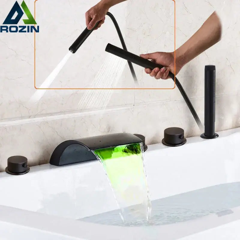 Matte black waterfall led bathtub faucet set with handheld shower bathroom