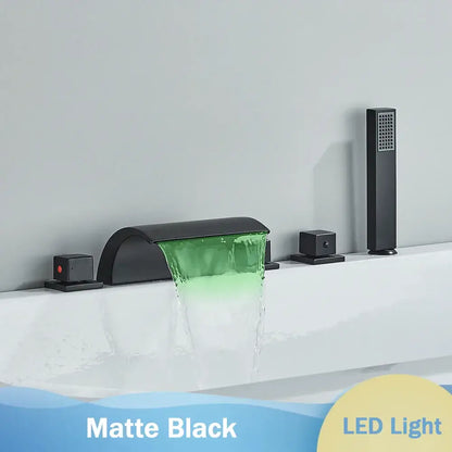 Matte black waterfall led bathtub faucet set with handheld shower bathroom