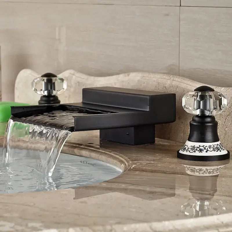 Matte black wide waterfall spout bathroom faucet with square handles
