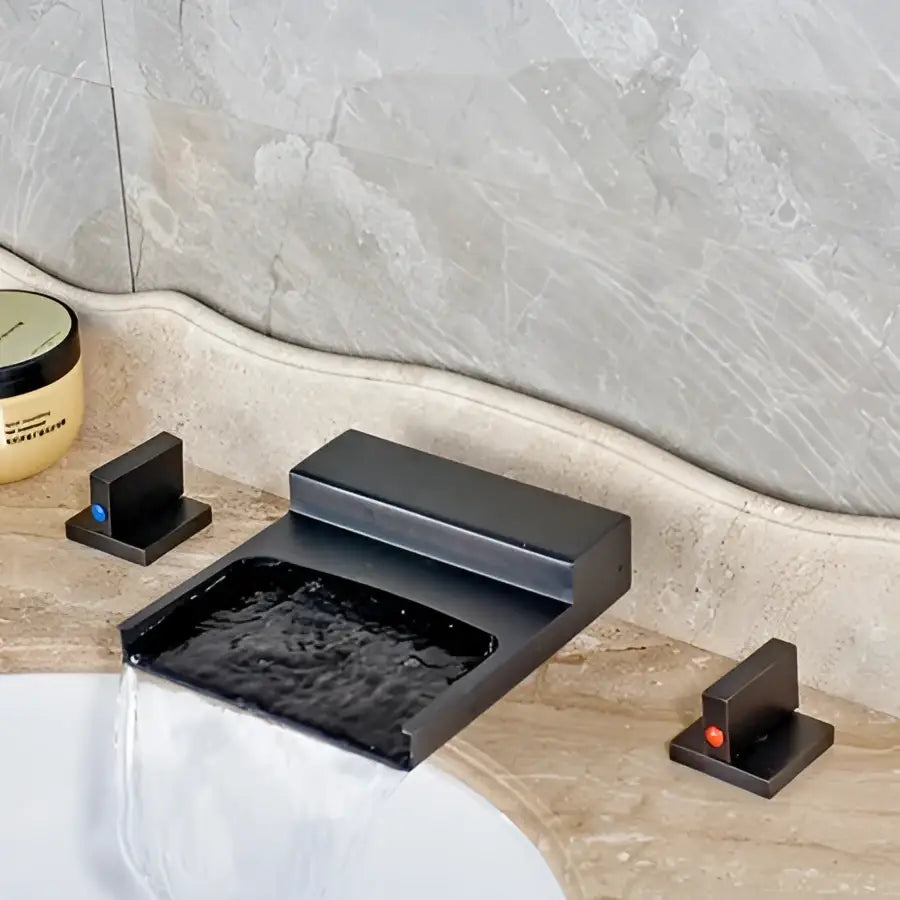 Matte black wide waterfall spout bathroom faucet with square handles