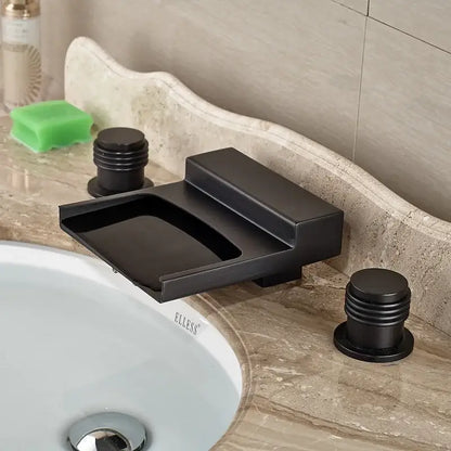 Matte black wide waterfall spout bathroom faucet with square handles