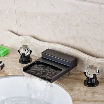 Matte black wide waterfall spout bathroom faucet with square handles