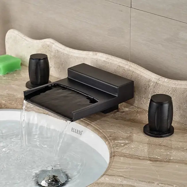 Matte black wide waterfall spout bathroom faucet with square handles