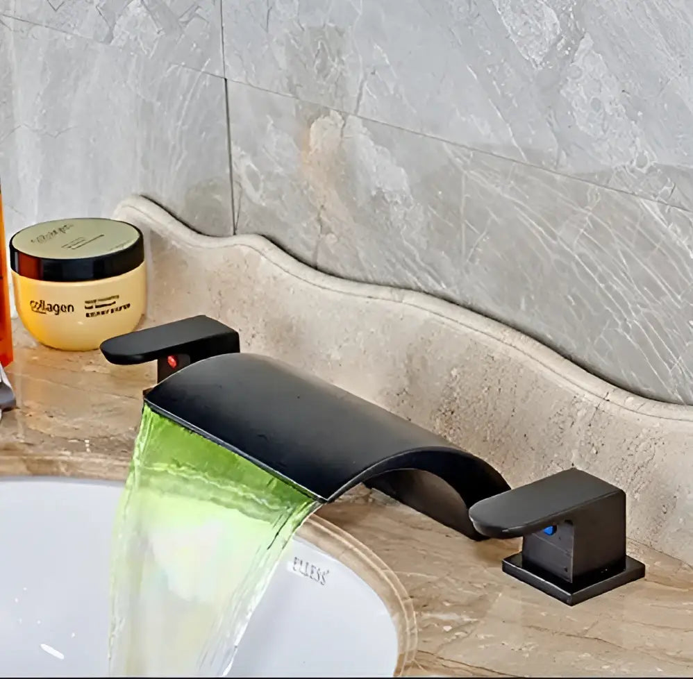 Matte black wide waterfall spout bathroom faucet with square handles