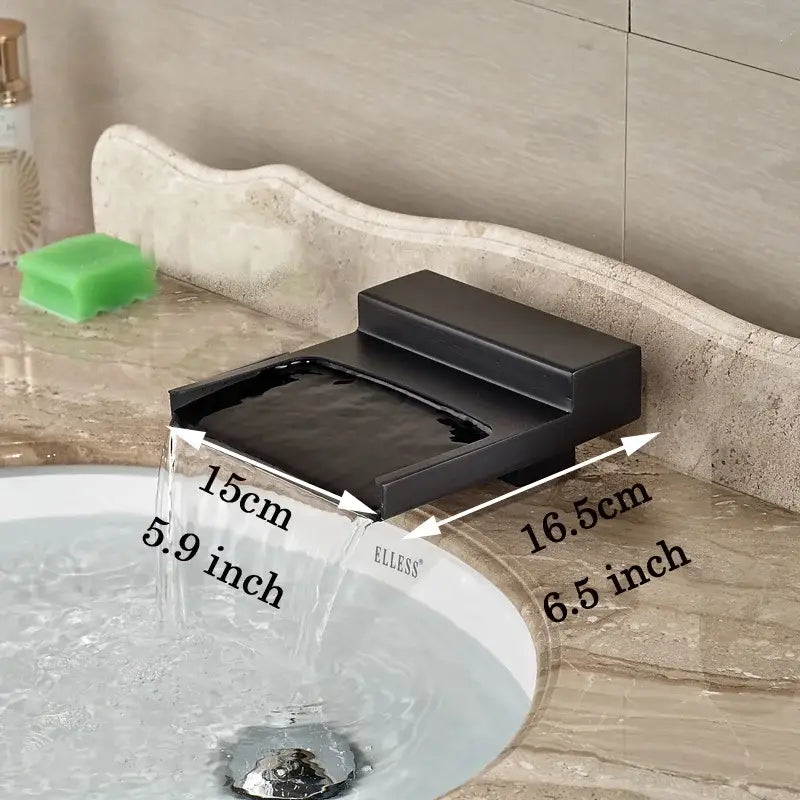 Matte black wide waterfall spout bathroom faucet with square handles