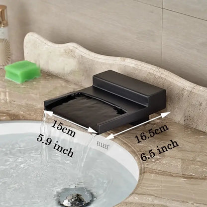 Matte black wide waterfall spout bathroom faucet with square handles