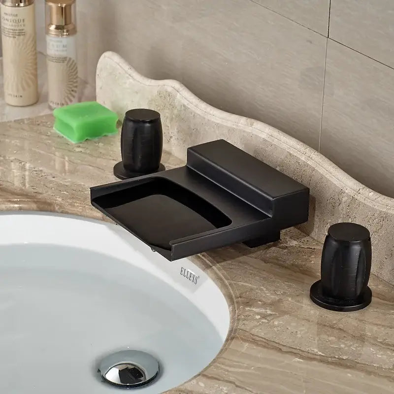 Matte black wide waterfall spout bathroom faucet with square handles