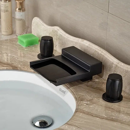 Matte black wide waterfall spout bathroom faucet with square handles