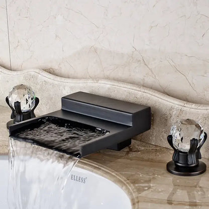Matte black wide waterfall spout bathroom faucet with square handles