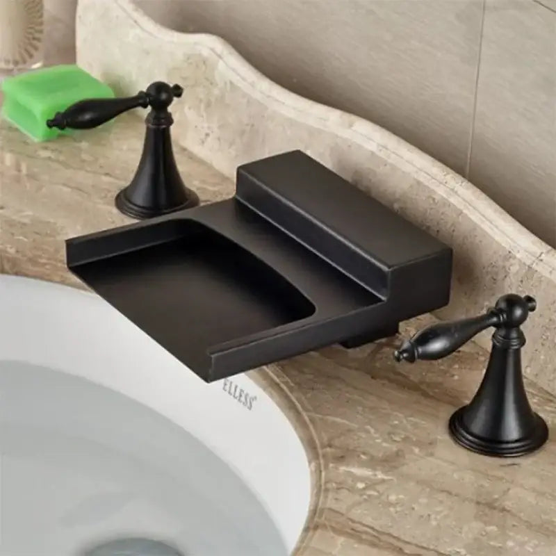 Matte black wide waterfall spout bathroom faucet with square handles