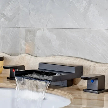 Matte black wide waterfall spout bathroom faucet with square handles