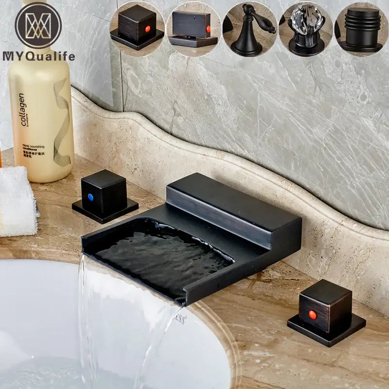 Matte black wide waterfall spout bathroom faucet with square handles