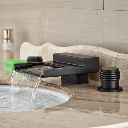 Matte black wide waterfall spout bathroom faucet with square handles