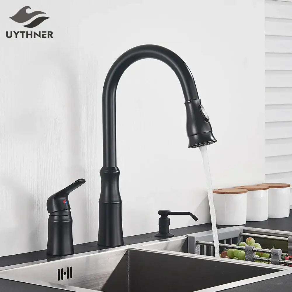 Matte brass black kitchen faucet with pull out spray head
