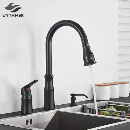 Matte brass black kitchen faucet with pull out spray head