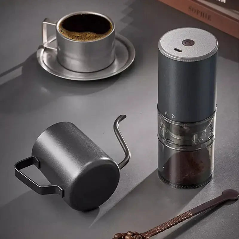 Matte dark teal electric coffee bean grinder kitchen machine