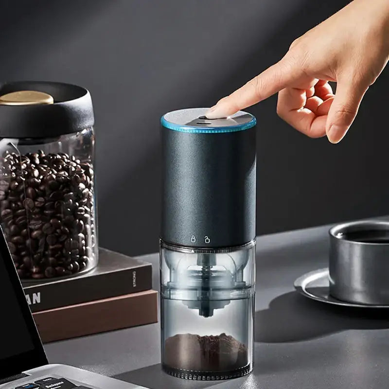 Matte dark teal electric coffee bean grinder kitchen machine