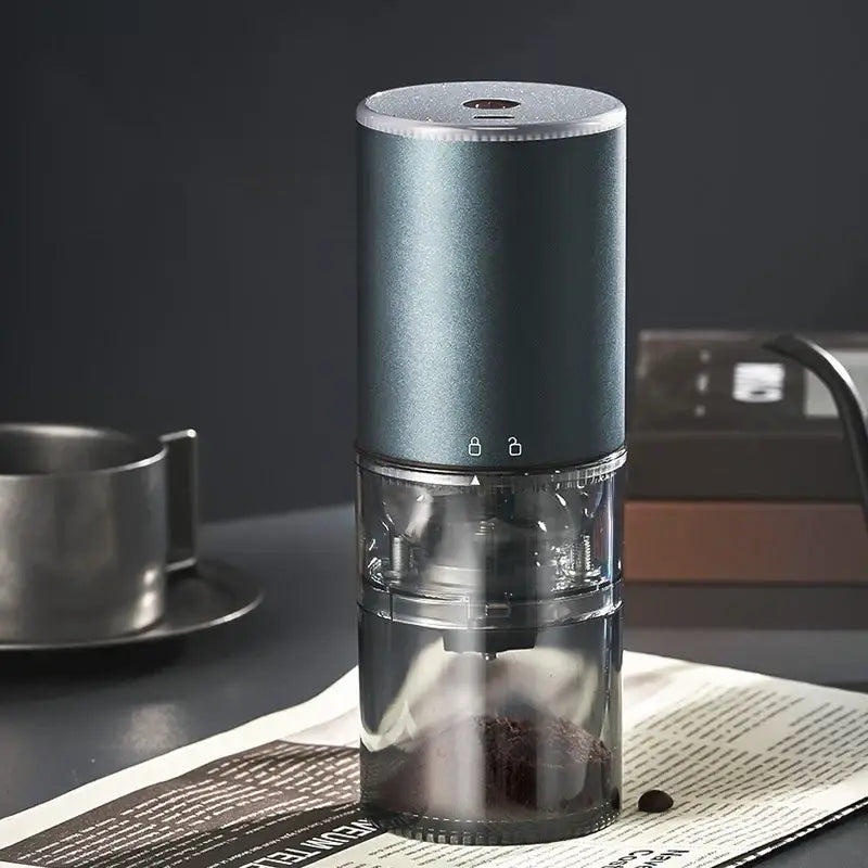 Matte dark teal electric coffee bean grinder kitchen machine