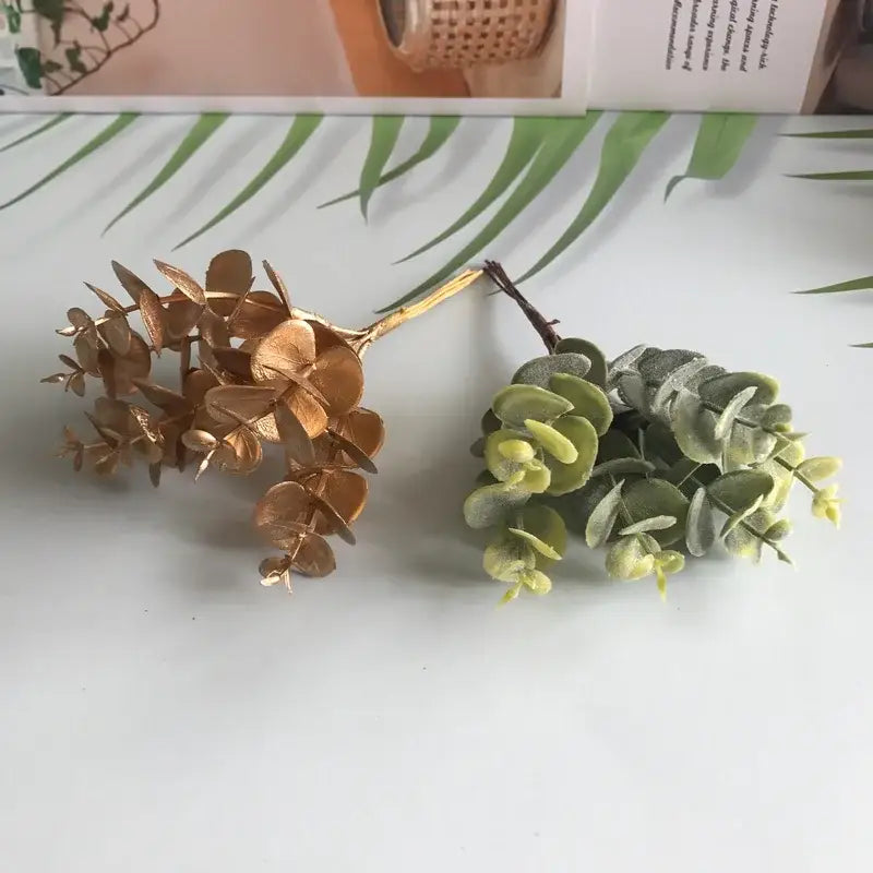 Matte gold silver & green artificial ferns shrubs living room decor