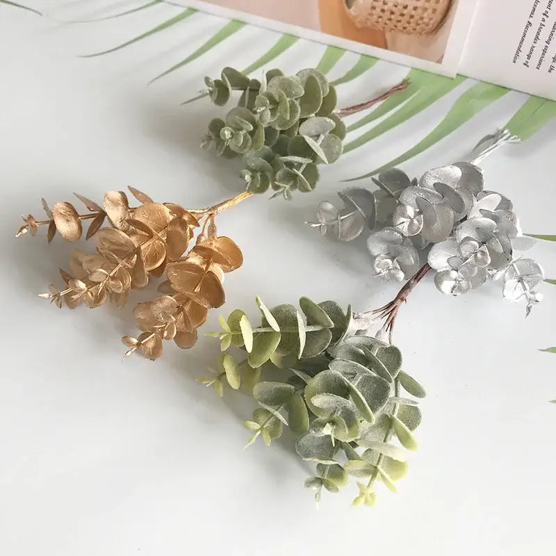 Matte gold silver & green artificial ferns shrubs living room decor