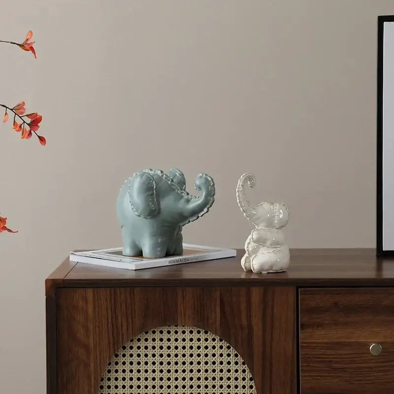 Matte sage green ceramic elephant abstract bubble sculpture living room