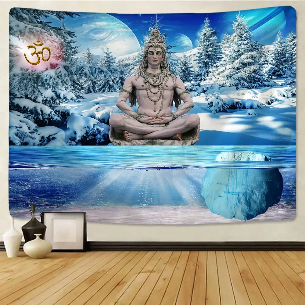 Meditative blue & white buddhism wall hanging tapestry bedroom decor