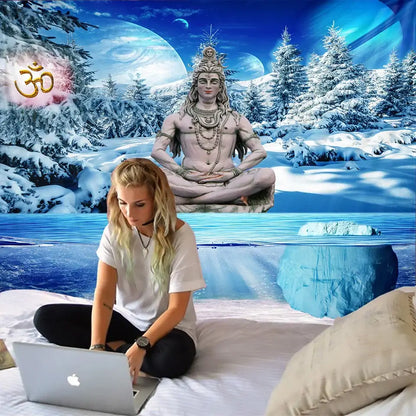 Meditative blue & white buddhism wall hanging tapestry bedroom decor