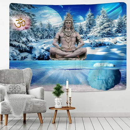 Meditative blue & white buddhism wall hanging tapestry bedroom decor