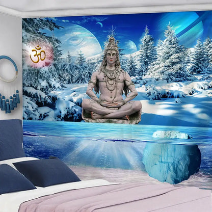 Meditative blue & white buddhism wall hanging tapestry bedroom decor