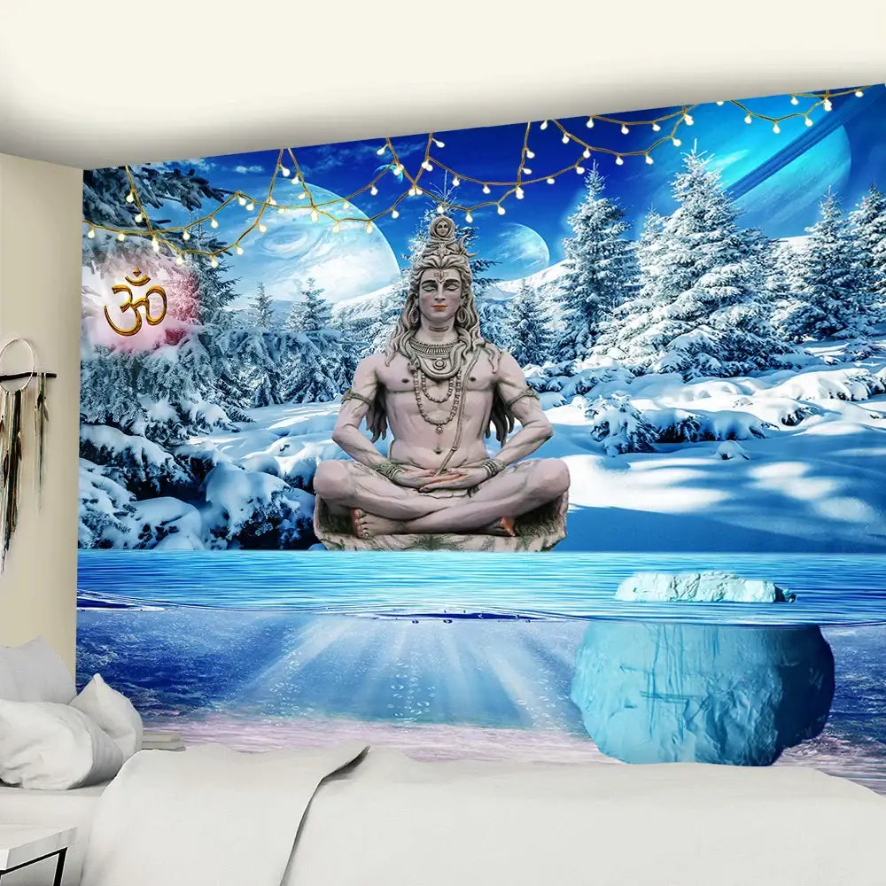 Meditative blue & white buddhism wall hanging tapestry bedroom decor