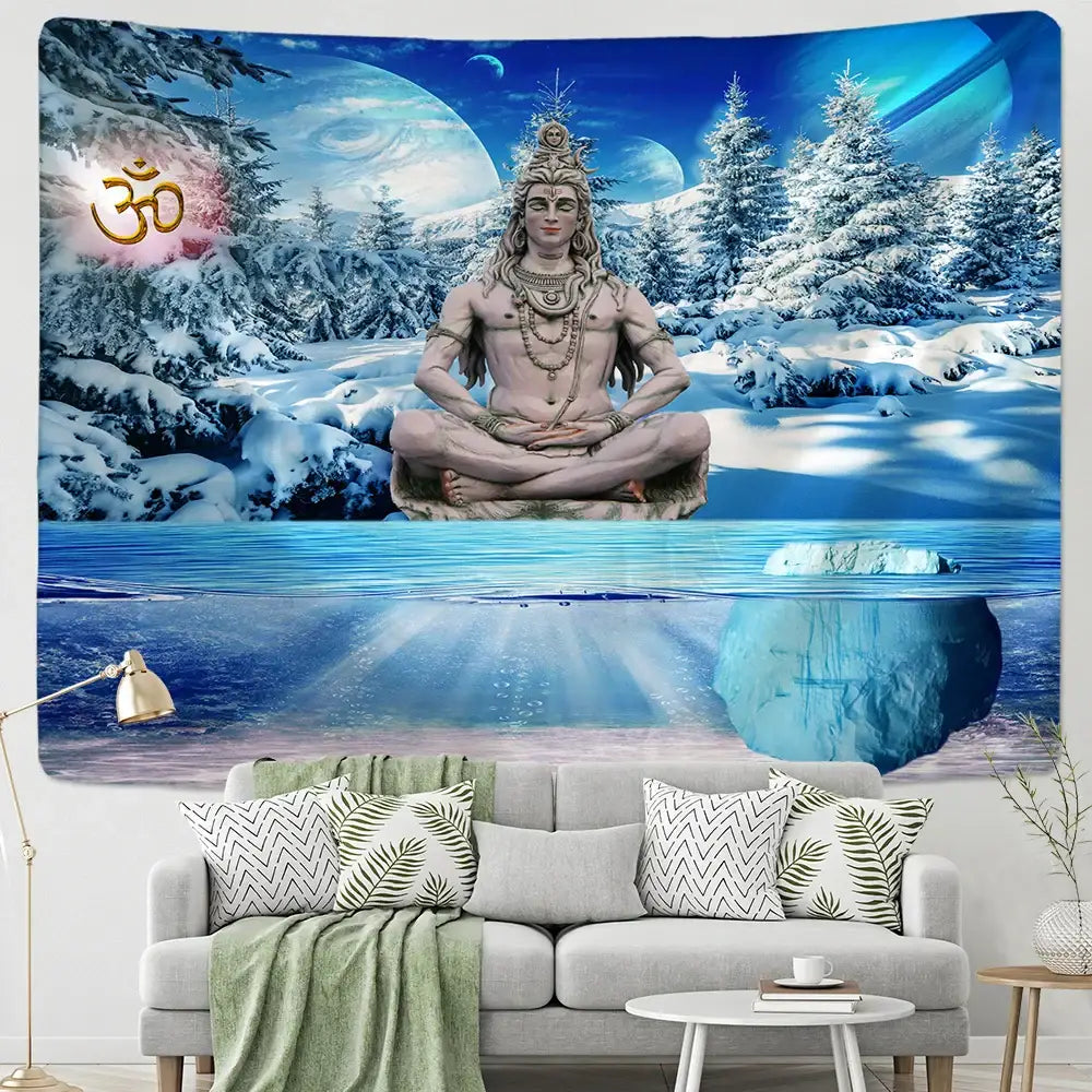 Meditative blue & white buddhism wall hanging tapestry bedroom decor