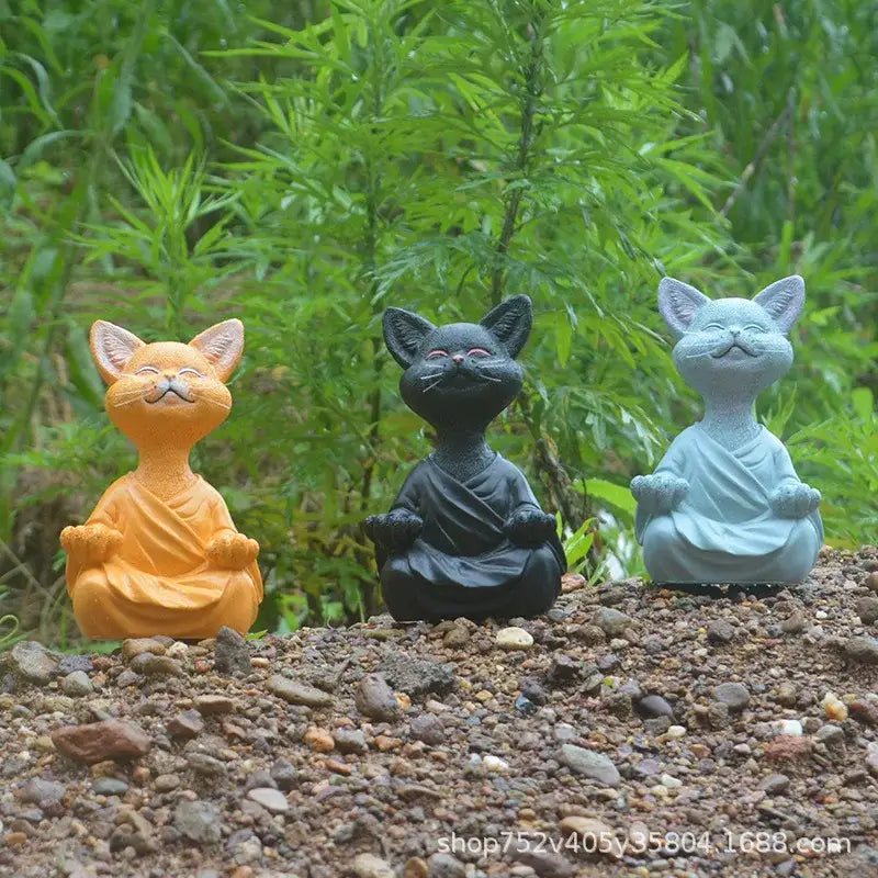 Meditative buddha cat figurine set – living room ceramic decor