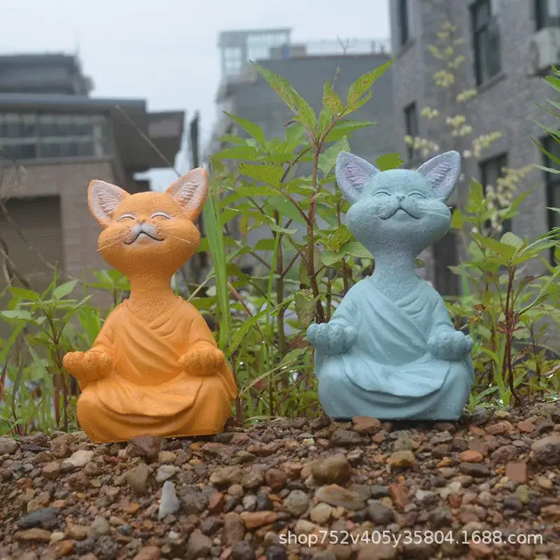 Meditative buddha cat figurine set – living room ceramic decor