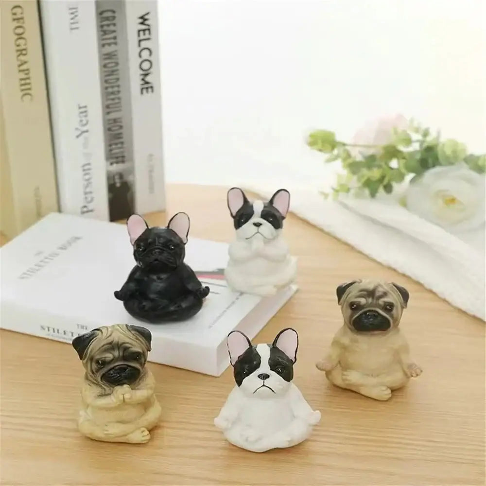 Meditative glossy bulldog resin statue set 5 piece garden decor