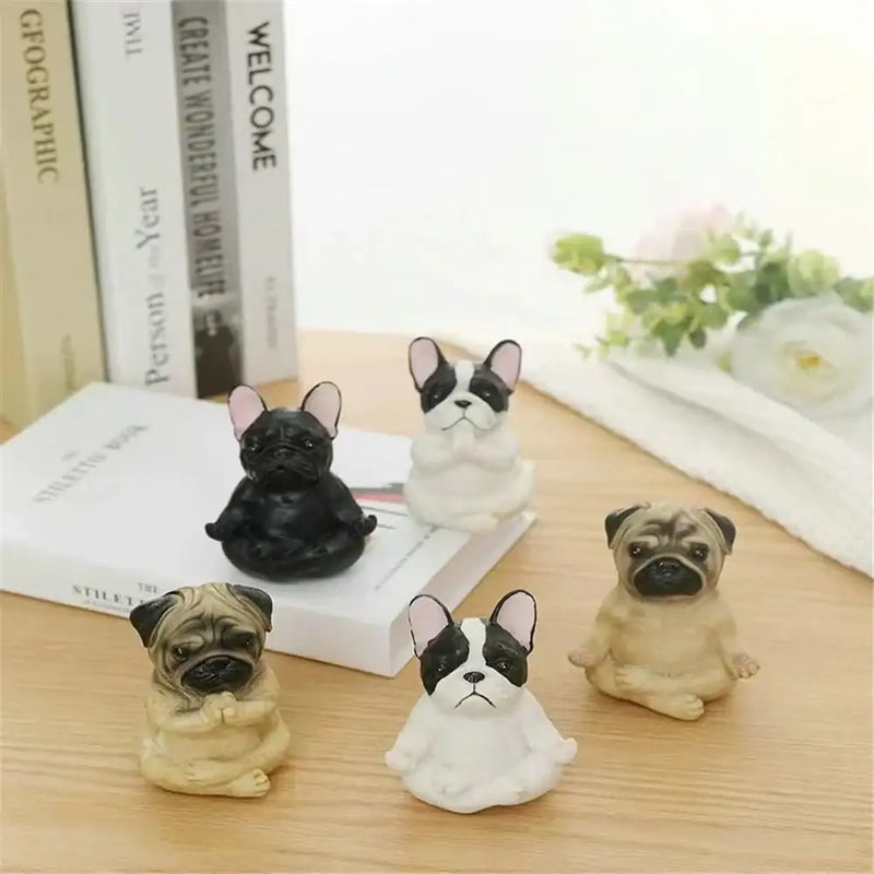 Meditative glossy bulldog resin statue set 5 piece garden decor