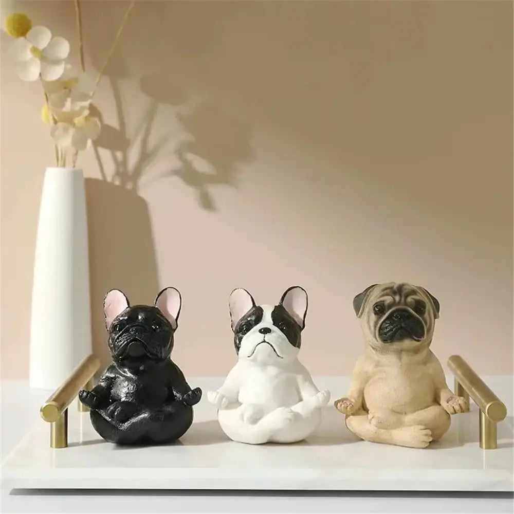 Meditative glossy bulldog resin statue set 5 piece garden decor
