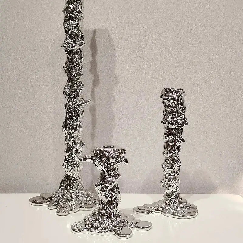 Melted style golden candlestick holder dining room molten metal decor