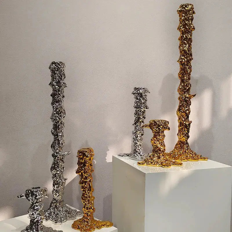 Melted style golden candlestick holder dining room molten metal decor