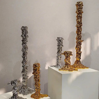 Melted style golden candlestick holder dining room molten metal decor