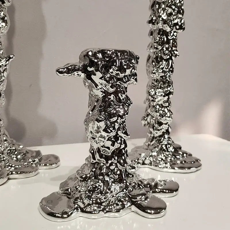 Melted style golden candlestick holder dining room molten metal decor