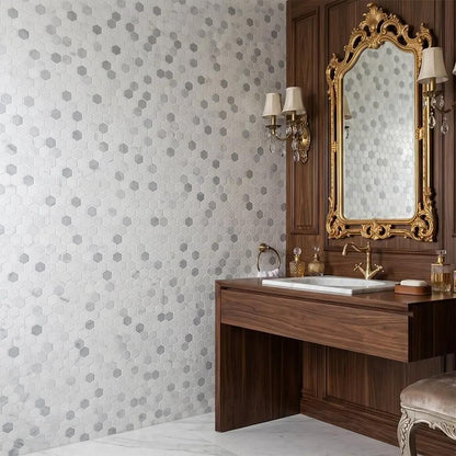 Metal, Carrara Polished Hexagon Glass Mosaics 11 3/4x11 1/2