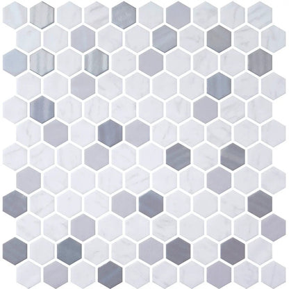 Metal, Carrara Polished Hexagon Glass Mosaics 11 3/4x11 1/2