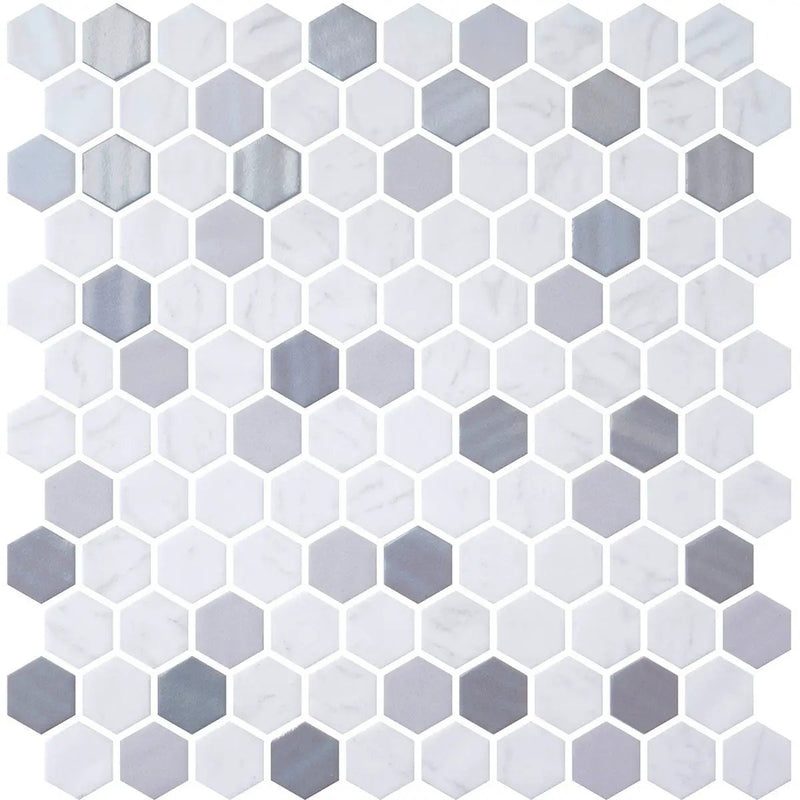 Metal, Carrara Polished Hexagon Glass Mosaics 11 3/4x11 1/2