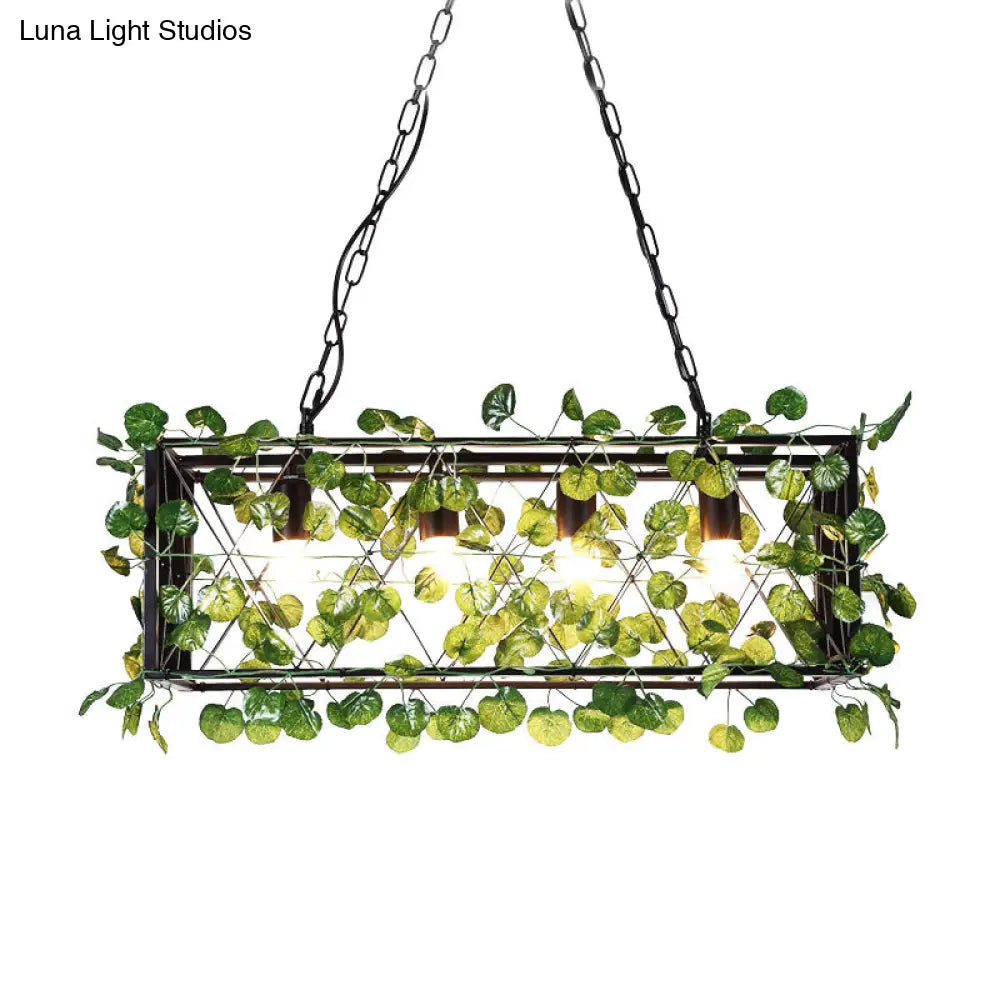 DecorBites™ Metal Island Pendant - Antique Black Rectangle with LED Down Lighting and Plant Decor