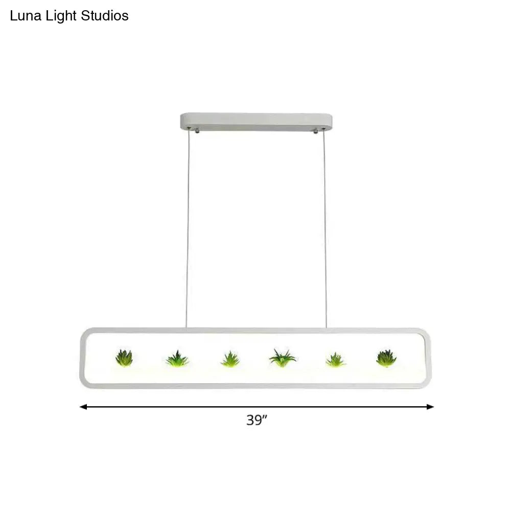 DecorBites™ Metal LED Hanging Light for Restaurants: Artistic Rectangle Island Lamp with Imitation Succulents Deco