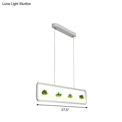 DecorBites™ Metal LED Hanging Light for Restaurants: Artistic Rectangle Island Lamp with Imitation Succulents Deco