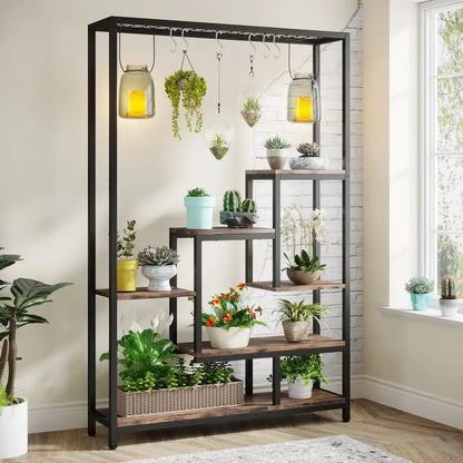 Rustic black metal and wood 5-tier tall plant stand living room decor